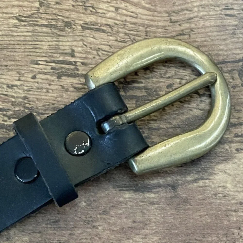 Mens Black Leather Belt Sz M Brass Buckle No Holes! Unused
